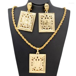 Necklace Earrings Set African Rectangle Religious Gulan Scripture Pendant 24K Gold Plated Dubai Bride Jewellery