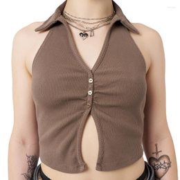 Women's Tanks Women Halter Tank Crop Tops Summer Clothes 2023 Sleeveless Lapel Collar Solid Color Button Down Sexy Club Y2k Streetwear