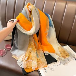 Scarves Spring Summer Women Fashion Travel Beach Sun Resistance Ginkgo Leaf Printed Shawl Ladies Soft Long Silk Gauzy Chiffon Scarf