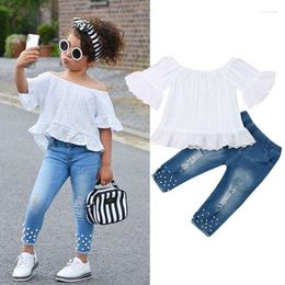 Clothing Sets Toddler Kids Clothes Girls Ruffles Sleeve Off Shoulder Tops Denim Pants Trousers Fashion Outfits