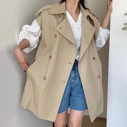 Women's Vests Khaki Women Long Vest Streetwear Casual Solid Double Breasted Pocket Loose Sleeveless Trench Coat 2023 Female Outerwear Tops