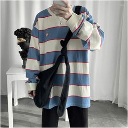 Men's T Shirts 2023 Spring And Autumn Youth Long-sleeved T-shirt Fashion Casual Striped Contrast Colour Pullover Blue M-XL