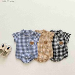 Rompers Baby Boy Plaid Bodysuit Shirt Summer Baby Clothes Single Breasted Jumpsuit Newborn Birth Short Sleeve Bear One Pieces Romper T230529