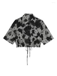 Women's Blouses Short Tie-dye Shirt 2023SS Vintage Crop Button-up All-match Drawstring Waist Short-sleeve Top Punk Streetwear