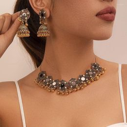 Necklace Earrings Set Vintage Fashion Gold Plated Choker For Women Rhinestone Round Bells Dangle Earring Oxidised Jewellery