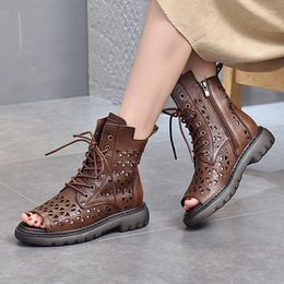 Sandals Mouth 2024 Fish Summer Leather Female Lace-Up Boots Hollow Genuine Casual Women's Shoes 35574 36731