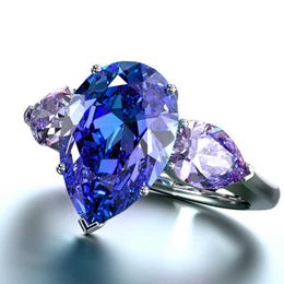 Band Rings Huitan Water Drop Wedding Rings With Blue Purple Triple Shinny Tear Drop Cubic Zircon Stone Luxury Women Party Finger Jewelry AA230529