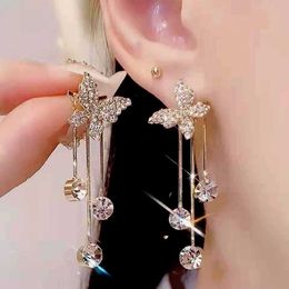 Stud New Full Crystal Butterfly Tassel Earrings For Women Earing Jewelry Premium Fashion Korean Fairy Rhinestone Drop Earrings Party J230529