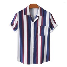 Men's Casual Shirts 2023 Spring And Summer Fashion Men's Hawaiian Beach Style Cuban Neck Top Stripe Loose Short Sleeve Shirt