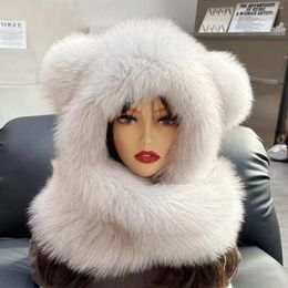 Scarves Cute Bear Real Fur Scarf All-In-One Snow Cap Women's Dual-Use Hat Outdoor Warm Hood