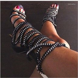Sandálias correntes sexy corda mulheres saltos altos estiletto borla com renda para cima Gladiator Botas Strapcy Celebrity Summer Sapatos Mulher