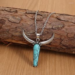 Chains Vintage Women Horn Ox Head Pendant Turquoise Necklace Silver Plated Metal Temperament Accessories