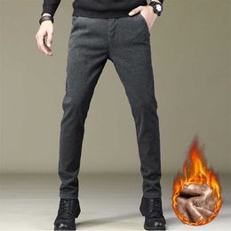 Winter Warm Wool Casual Pants Cotton Drstring Waist Velvet Business Outdoor Black Thick Elastic Men's P230529