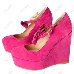 Olomm Handmade Women Pumps Suede Butterfly Knot Sexy Wedges Heel Round Toe 9 Colours Party Prom Shoes Women US Size 5-20