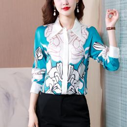 Women's Blouses Floral Stripe Satin Silk Shirt Elegant Office Ladies Long Sleeve Hidden Button Work Spring Autumn Women Shirts Top