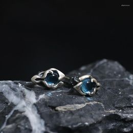Stud Earrings S925 Sterling Silver For Woman Blue Topa Stone Dragon Soul Handmade Simple Cold Wind Of The Warrior