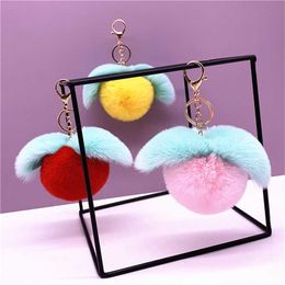 Key Rings Fruit Peach Women's Plush Pom Artificial Rabbit Fur Cute Bag Charm Pendant Car Keychain Gift G230526