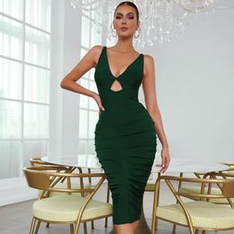 Casual Dresses 2023 High Quality Green V Collar Camisole Bodycon Bandage Dress Elegant Fold Slim Long Style Club Party