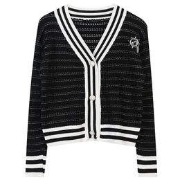 522 L 2023 Summer Sweaters Women's Cardigan Sweater BlACK Striped V Neck Long Sleeve Brand Same Style Women's mingmo