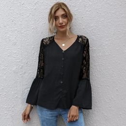 Women's Blouses Womens Fall Shirts Lace Tops Fashion Patchwork Party Clothes V-Neck Loose Warm See-Through Long Sleeve Buttons