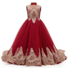 Cute Flower Girls Dresses Long Sleeves For Weddings Lace Appliques Ball Gown Birthday Girl Communion Pageant Gowns Gold Red Blue Bridesmaid Dress 403