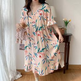 Women's Sleepwear 2023 Night Dress Women Viscose Nightgowns Short Sleeve Summer Thin Pyjamas Korean Style Floral Sleepshirt Loose Home