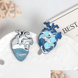 Pins Brooches Blue Ocean Heart Pins Jewellery Roaring Wave Whale Enamel Lapel Pin Creative Sea Organ Denim Shirt Bag Badge Broadminde Dhjfp