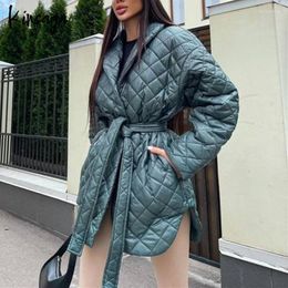 Women's Trench Coats Women Winter Belted Waist Mid Long Jackets Parkas Fall Casual Loose Quilted Elegant Lady Cotton Padded Minimalism