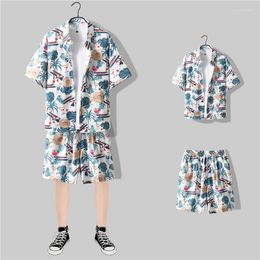 Men's Tracksuits Men Hawaiian Shirts Pants Set Casual Shirt Tops Lapel Chest Pocket Short Sleeve Colourful Lemon Pattern Print Button