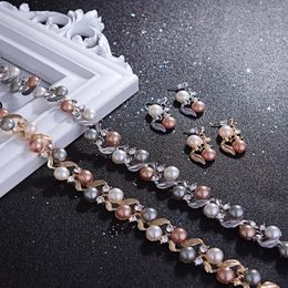 Necklace Earrings Set Women Fashion Plastic Pearls Crystal And Cocktail Party Gift Bridal Wedding Accessories