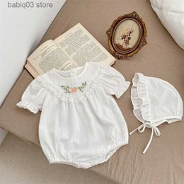 Rompers 2023 Summer New Baby Short Sleeve O-neck Embroidered Romper Girls White Bodysuit + Hat 2 Piecces Suit Kids Cotton Jumpsuit 0-2Y T230529