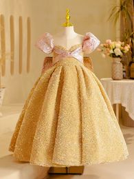 New Arrival crystal Flower Girls Dresses Long sequined with cap sleeve Pearls Beads First Communion Dresses sweathear satin Ball Gown crystal Girls Pageant Gowns