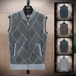 Men's Vests Sweater Vest Men's Autumn And Winter Sleeveless Fashion Striped Plaid Fleece Warm Baseball Collar Zipper Cardigan Jacket