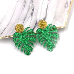 Stud Earrings Design Green Leaves Acrylic Glitter Powder Coconut Leaf Punck Cool Jewelry