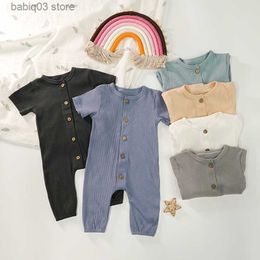 Rompers Baby Boy Clothes Newborn Ribbed Short Sleeve Rompers Toddlers Boys Pyjama New Fashion Jumpsuit Unisex Buttons Rompers Overalls T230529