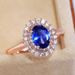 Band Rings Huitan Fashion Oval Deep Blue Stone Women Wedding Bridal Rings Rose gold Colour Gorgeous Engage Ring Mothers Gift Noble Jewellery AA230529