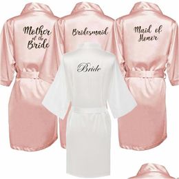 Home Clothing Bride Bridesmaid Robe With White Black Letters Mother Sister Of The Wedding Gift Bathrobe Kimono Satin Robes Drop Deli Dhxp4