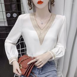 Women's Blouses Fashion Long Sleeve Women's Chiffon Blouse Office Lady Tops Elegant V Neck Lace White Shirts Women Clothing Loose Blusas