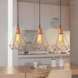 Pendant Lamps Plated Iron Cage Rose Gold Led Chandeliers For Kitchen Restaurant Hanging Diamond Light Home Deco Luminaire E27