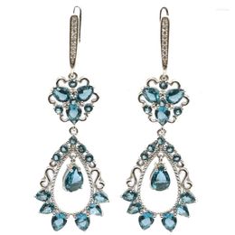 Dangle Earrings 55x20mm Anniversary Long 8.3g London Blue Topaz Red Blood Ruby CZ For Ladies 925 Solid Sterling Silver