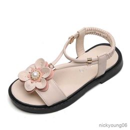 Sandals Sandals Sandals Girls Kids Sandals Princess Sweet Flower Children Summer Beach Shoes New Soft Sweet Floral With Pearl 26-36 R230529