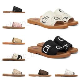 Designer-Sandalen von Woody für Damen, flache Pantoletten, Hellbraun, Beige, Weiß, Schwarz, Rosa, Spitze, Schriftzug, Stoff, Canvas-Hausschuhe, Damen-Sommer-Outdoor-Schuhe