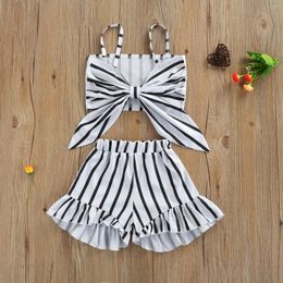 Clothing Sets Girls Casual Two-piece Clothes Set White Stripe Printed Pattern Sleeveless Tops And Shorts Style 2023