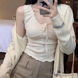 Womens Blouses Japanese Kawaii Knitted Tank Tops Women White College Style Sweet Cute Crop Female Bow Lace France Designer Slim Vest 2023