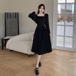 Casual Dresses French Square Collar Strap Dress Women Vintage Knee Length A-Line Diner Female Long Tops Sleeves Black Korean