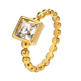 Cluster Rings Bezel Set Square Cubic Zirconia Beaded Chain Ring For Women Engagement Promised Stainless Steel Accessories