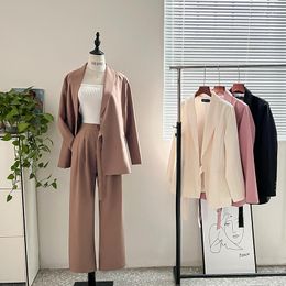 Women's Two Piece Pants Pieces Elegant Suits For Women 2023 Long Sleeve Pink Blazers Wide Leg Notched Collar Spring OL Coats Sets Female