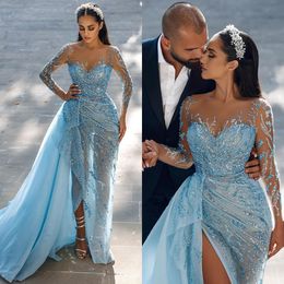 Evening Long Sleeves Blue Formal Illusion Gorgeous Party Prom Dress Beads Sequins Pleats Overskirts Dresses For Special Ocn es