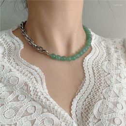 Chains European And American Mixed Ins Style Retro Fresh Temperament Korean Green Stone Beads Stitching Chain Necklace Short