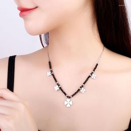 Chains Sweet Stainless Steel Lucky Clover Pendant Charms Necklace For Women Black Crystal Choker Fashion Female Jewellery